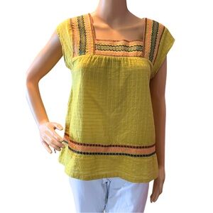 THML Anthropologie Chartreuse Embroidered Cotton Boho Square Neck Top XS